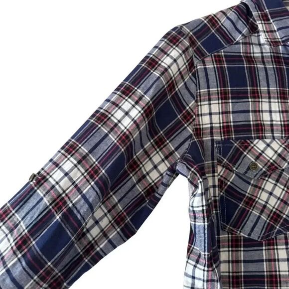 Altar’d State Shirt Button Front Blue Plaid Flannel Mixed Media Lace SZ L #2315 - Picture 4 of 15
